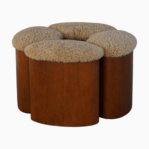 Vintage French Art Deco Sculptural Stools in Wood and Lambswool, 1940s, Set of 4