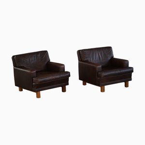 Sillones daneses modernos de cuero marrón oscuro y palisandro, años 60. Juego de 2