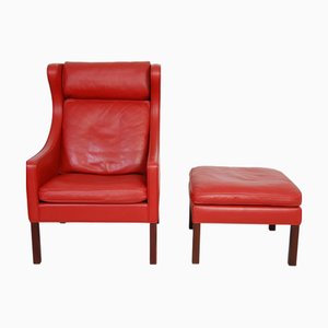Set of Model 2204 Wingchair and Ottoman in Red Leather by Børge Mogensen, 2000s