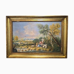 Artista italiano, Escena pastoral, 1750, óleo sobre lienzo, enmarcado