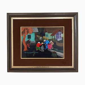 Stjepan Stolnik, Naive Style Village Scene, 1960, Gemälde, Gerahmt