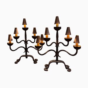 Grandes Lampes de Bureau Candélabres en Fer Forgé avec Abat-Jour en Cuivre, 1950s, Set de 2