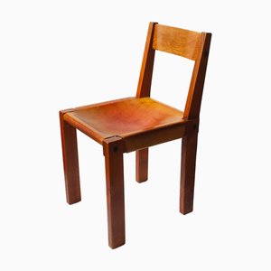 Model S24 Chair in Elm with Tan Leather Seat by Pierre Chapo, 1970s
