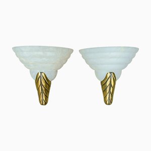 Albaster and Gold Leaf Brass Sconces, 1970s, Set of 2