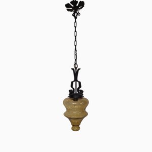 Rustic German Pendant Lamp in Black Wrought Iron Frame, 1970s