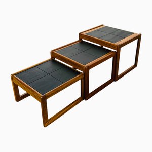 Tables Gigognes Vintage en Teck et Céramique Noire, 1960s, Set de 3