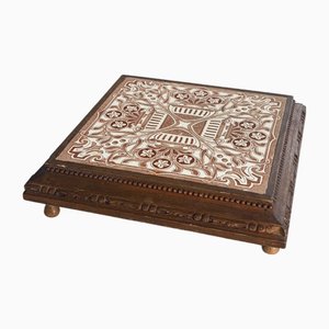 Wooden and Earthenware Trivet with Brown and Cream Tiles, France, 1920s