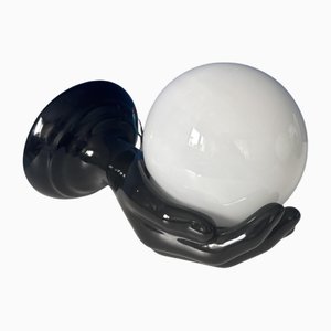 Vintage Wall Sconce with Black Hand and White Opaline Glass Globe, 1970s