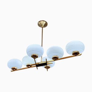 Lustre Sputnik à 6 Bras en Métal Doré et Verre Opalin de Stilnovo, Italie, 1960s