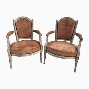 Sessel im Louis XVI Stil aus patiniertem Buchenholz, 19. Jh., 2er Set