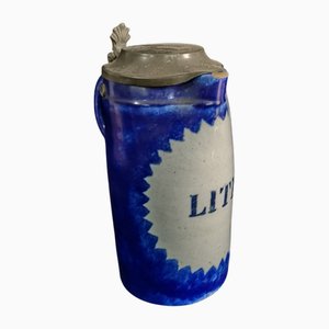 Boccale da birra antico in ceramica e ceramica con coperchio in peltro, Bruxelles, Belgio, 1820s