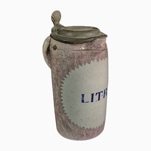 Boccale da birra antico in ceramica e ceramica con coperchio in peltro, Bruxelles, Belgio, 1820s