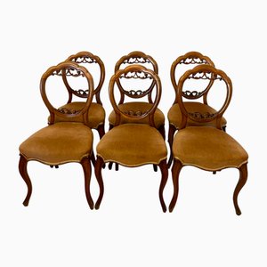 Sedie da pranzo antiche vittoriane in noce intagliata con schienale a palloncino, 1860, set di 6