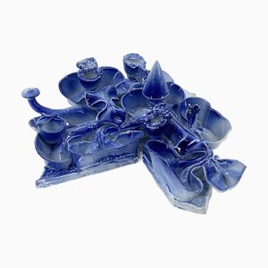 Sculptural Royal Blue Glazed Porcelain Candleholder, 1980s
