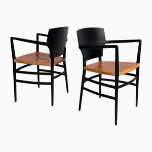 Sillas italianas modernas de madera negra y cuero marrón de Cappellini, años 80. Juego de 2