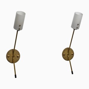 Italian Brass and Opaline Glass Wall Sconces, 1950s, Set of 2
