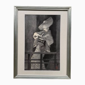Kazuo, Dancing Woman in Kimono, 1970s, Ink Painting on Kōzo Washi Paper, Framed