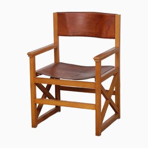 Chaise Bridge Vintage en Bois et Cuir, 1980