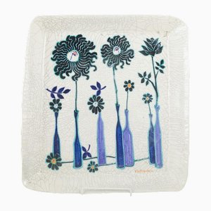 Piatto grande quadrato in ceramica con decorazione floreale di Birger Kaipiainen