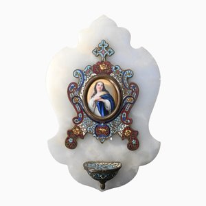 Wall-Mounted Holy Water Font in Onyx and Champlevé Enamel, 19th Century