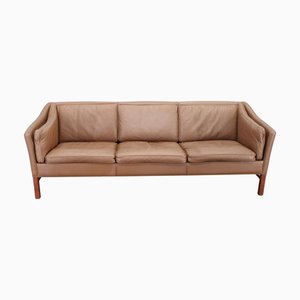 Vintage Danish Three-Seater Brown Leather Sofa with Beech Frame, 1970s