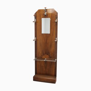Vintage Czechoslovak Art Deco Walnut Coat Rack with Mirror and Umbrella Holder, 1930s