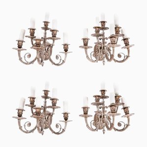 Antique Louis VI Revival Silver Plated Six Branch Wall Lights, 1900s, Set of 4