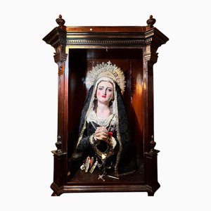 Salzillo, Our Lady of Sorrows, 18th Century, Polychrome Wood with Silver Crown in Display Case