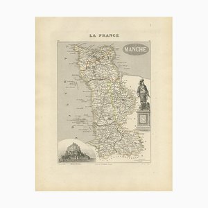 Antique Engraved Map of Manche with Mont Saint-Michel in France, 1850