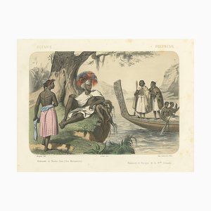 After Leloir, Polynesian and Maori Figures, Inhabitants of Nuku Hiva & New Zealand with Canoe, 1845, Lithograph