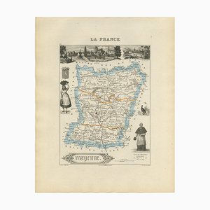 Antica mappa di Mayenne incisa a mano da Levasseur, Francia, 1850s