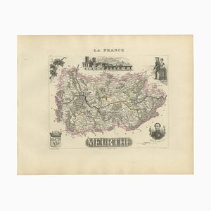 Antica mappa colorata a mano di Meurthe in Francia di Vuillemin, 1850s