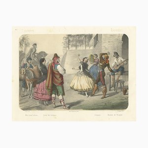 After Leloir, Spanish Dancers and Regional Costumes, Gitano and Valencian Figures, 1845, Lithograph