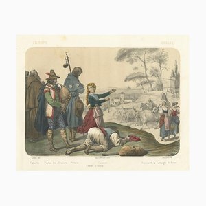 After Leloir, Italian Regional Costumes, Peasants of Rome and Abruzzo, Femme Dischia, 1845, Lithograph