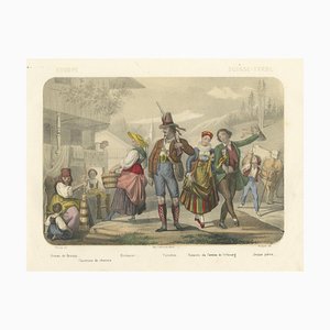 Nach Fossey, Schweizer und Tiroler Kostüme, Fribourger Verlobte und Tiroler Figuren, 1845, Lithographie