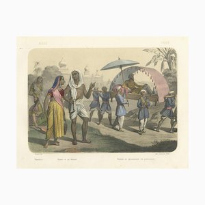 Nach Fossey, Indian Costumes, Bramin Couple, Bayadères und Nabob in Palanquin, 1845, Lithographie