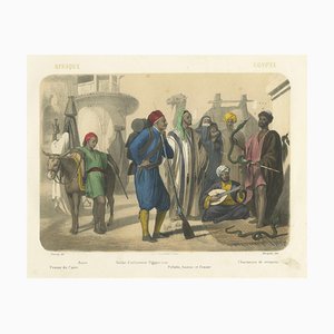 Nach Fossey, Ägyptische Straßenszene mit Fellahs, Soldaten und Schlangenbeschwörern, 1845, Lithographie