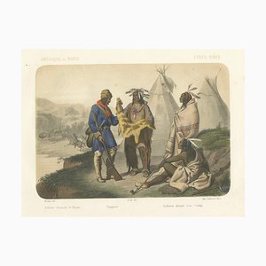 Nach Leloir, Native American Camp Scene with Trapper and Buffalo Hunters, 1845, Lithographie