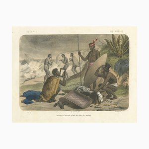 After Leloir, Shipwreck Scene in Melanesia with Islanders Salvaging Wreckage, 1845, Lithograph