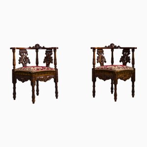19th Century Italian Renaissance Style Carved Walnut Corner Chairs, Set of 2