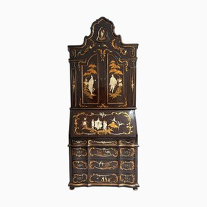 Bookcase with Secretaire in Dark Brown Chinoiserie Lacquer
