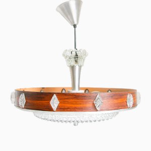 Mid-Century Dutch Space Age Pendant Lamp in Cut Glass, Wood Veneer, and Aluminum, 1970s