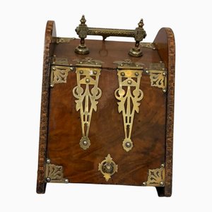 Antique Victorian Brass-Mounted Walnut Log Scuttle, 1880s