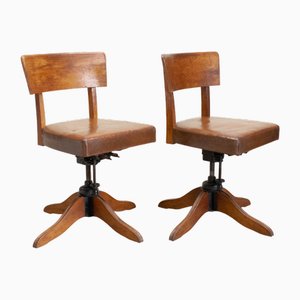 Vintage Swedish Adjustable Oak Office Chairs with Leather Seats by SMV, 1940s, Set of 2