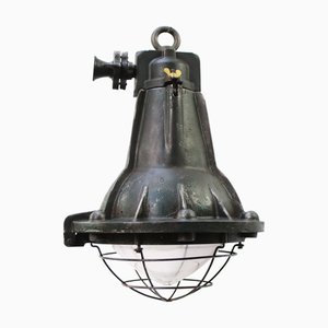 Vintage French Industrial Pendant Lamp in Green Cast Iron and Clear Glass