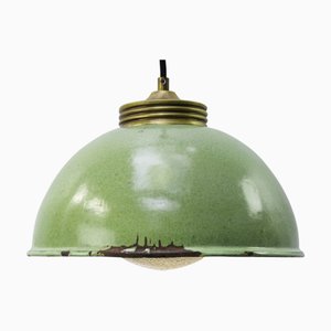 Vintage Pendant Light in Brass and Enamel with Frosted Glass