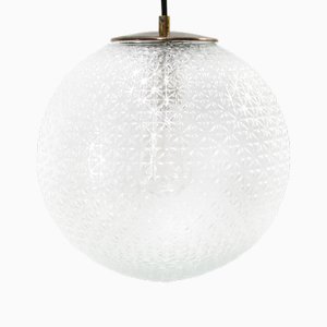 Vintage European Clear Glass Globe and Brass Top Pendant Light