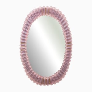 Miroir Mid-Century Ovale en Laiton et Verre de Murano Rose, Italie, 2000