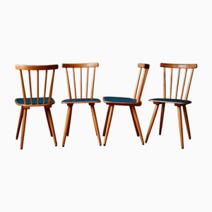 Skandinavische Vintage Stühle aus Holz & Blauem Kunstleder, 4 . Set