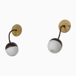 Italian Adjustable Brass and Opaline Glass Wall Sconces, 1950s, Set of 2